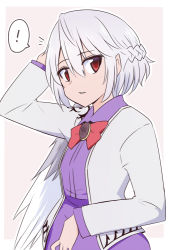 Rule 34 | !, 1girl, border, braid, dress, feathered wings, grey hair, grey jacket, hair between eyes, jacket, kishin sagume, open clothes, open jacket, open mouth, purple dress, red eyes, shio (futatsumami), short hair, single wing, solo, spoken exclamation mark, touhou, upper body, white border, white wings, wings