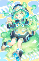 Rule 34 | 1girl, :d, boots, commentary, full body, green eyes, green hair, highres, hood, hood up, kito (sorahate), long sleeves, looking at viewer, monster girl, navel, open mouth, original, puffy long sleeves, puffy sleeves, see-through, sidelocks, sitting, slime (substance), slime girl, smile, solo