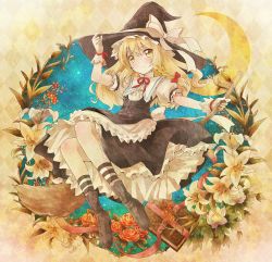 Rule 34 | 1girl, argyle, argyle background, argyle clothes, blonde hair, blush, book, bow, braid, broom, crescent moon, dress, female focus, floral background, flower, frills, gloves, hair bow, hand on headwear, hat, hat bow, kirisame marisa, lily (flower), long hair, michii yuuki, moon, night, night sky, plant, red flower, red rose, ribbon, rose, single braid, sky, socks, solo, star (symbol), striped clothes, striped socks, touhou, vines, witch, witch hat, wrist cuffs, yellow eyes