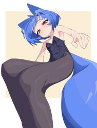 Rule 34 | 1girl, absurdres, animal ear fluff, animal ears, arms at sides, black pantyhose, blue hair, blue tail, blush, closed mouth, foreshortening, fox ears, fox girl, fox tail, from below, full body, highres, invisible chair, leotard, looking at viewer, looking down, miya (myakuro), myakuro, original, pantyhose, playboy bunny, red eyes, short hair, simple background, sitting, slit pupils, solo, tail