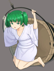 Rule 34 | 1girl, barefoot, bucket, full body, green eyes, grey background, hair bobbles, hair ornament, half-closed eyes, highres, holding, japanese clothes, kakone, kimono, kisume, long sleeves, looking at viewer, open mouth, seiza, short hair, short sleeves, simple background, sitting, solo, touhou, twintails, white kimono, wide sleeves, wooden bucket