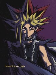 Rule 34 | 1boy, artist name, black hair, black shirt, blonde hair, bright pupils, cape, chain, chain necklace, closed mouth, collar, commentary request, dyed bangs, jewelry, male focus, necklace, parted bangs, red eyes, red hair, shirt, solo, soya (sys ygo), spiked hair, upper body, watermark, white pupils, yami yugi, yu-gi-oh!