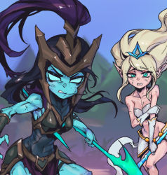Rule 34 | 2girls, armor, bare shoulders, black hair, blonde hair, breasts, bruise, cleavage, clenched teeth, collarbone, colored skin, covered navel, day, green eyes, green skin, helmet, holding, holding polearm, holding weapon, injury, janna (league of legends), kalista, league of legends, long hair, looking at viewer, medium breasts, multiple girls, no pupils, outdoors, phantom ix row, pointy ears, polearm, purple hair, teeth, torn clothes, weapon