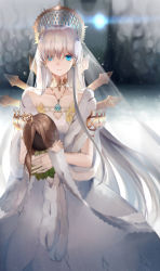 Rule 34 | 1girl, alternate costume, anastasia (fate), bad id, bad pixiv id, blue eyes, bridal veil, choker, collarbone, crown, doll, dress, earrings, expressionless, fate/grand order, fate (series), fur-trimmed dress, fur trim, hair over one eye, highres, holding, holding doll, jewelry, long hair, mao mian, necklace, silver hair, solo, veil, very long hair, viy (fate), wedding dress, white dress