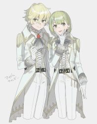 Rule 34 | 1boy, 1girl, :p, alternate costume, androgynous, blonde hair, bow, ascot, cropped legs, darling in the franxx, earrings, gloves, green eyes, green hair, grey background, highres, jewelry, nine alpha (darling in the franxx), nine delta, pants, short hair, grey eyes, simple background, tongue, tongue out, unapoppo, white gloves, white pants