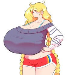 Rule 34 | 1girl, blonde hair, bra strap, braid, breasts, cassie (theycallhimcake), cleavage, crop top, curvy, gigantic breasts, gym shorts, highres, midriff, navel, off-shoulder sweater, off shoulder, original, ribbed sweater, short shorts, shorts, simple background, solo, sweater, theycallhimcake, thick thighs, thighs, twin braids