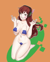 Rule 34 | 1girl, adapted costume, barefoot, breasts, brown hair, crossed fingers, d.va (overwatch), facial mark, female focus, long hair, looking at viewer, maebari, medium breasts, navel, overwatch, overwatch 1, seiza, simple background, sitting, smile, solo, thigh gap, ttrop, whisker markings