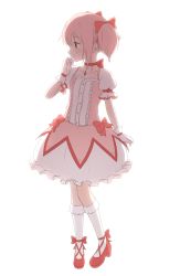Rule 34 | 10s, 1girl, gloves, hair ribbon, hand on own face, highres, jewelry, kaname madoka, kneehighs, mahou shoujo madoka magica, mahou shoujo madoka magica (anime), neck ribbon, nekoze, pendant, pink hair, platform footwear, profile, puffy short sleeves, puffy sleeves, ribbon, short hair, short sleeves, simple background, socks, solo, twintails, white background, white socks