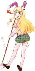 Rule 34 | 1girl, android, artist name, black footwear, blonde hair, blunt bangs, cardigan, character name, commentary request, floating hair, full body, green skirt, holding, holding mop, konbini robot populi-chan, long hair, looking at viewer, mop, pink cardigan, populi-chan, robot ears, school uniform, shoes, signature, sketch, skirt, solo, sugano manami, thighhighs, white thighhighs
