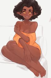 Rule 34 | 1girl, bare shoulders, barefoot, black hair, blush, breasts, character request, cleavage, collarbone, dark-skinned female, dark elf, dark skin, dress, elf, fingernails, full body, highres, holding own arm, legs, legs together, lips, looking at viewer, medium breasts, off-shoulder dress, off shoulder, on bed, orange dress, orange eyes, original, pillow, pointy ears, short hair, smile, solo, squeezable (squeezabledraws), thick eyebrows, toenails, toes