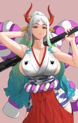 Rule 34 | 1girl, arm behind head, armpits, blue hair, breasts, club, club (weapon), contrapposto, curled horns, earrings, gradient hair, green hair, hair ornament, hair stick, hakama, hakama pants, highres, hip vent, hoop earrings, horns, japanese clothes, jewelry, kanabou, kimono, large breasts, long hair, looking at viewer, multicolored hair, multicolored horns, one piece, oni, orange horns, pants, parted bangs, pink background, ponytail, red horns, rope, shimenawa, shou illust, sideboob, simple background, sleeveless, sleeveless kimono, solo, spiked club, very long hair, weapon, white hair, yamato (one piece)
