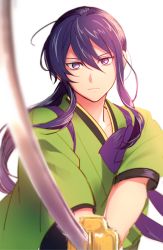 Rule 34 | 10s, 1boy, bad id, bad pixiv id, blurry, depth of field, ensemble stars!, holding, holding weapon, japanese clothes, kanzaki souma, kimono, long hair, looking at viewer, male focus, ponytail, purple hair, simple background, solo, sword, tasuki, tubuan oisii, upper body, weapon, white background, white theme