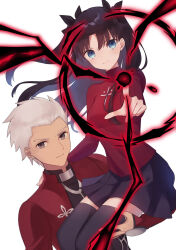 Rule 34 | 1boy, 1girl, archer (fate), black hair, black ribbon, black skirt, black thighhighs, blue eyes, carrying, carrying person, commentary request, cross, dark-skinned male, dark skin, fate/stay night, fate (series), floating hair, hair ribbon, highres, index finger raised, jacket, latin cross, long hair, long sleeves, looking at viewer, magic, parted bangs, pleated skirt, red jacket, red sweater, ribbon, shichishino, short hair, simple background, sitting, skirt, smile, sweater, thighhighs, tohsaka rin, turtleneck, turtleneck sweater, two side up, white background, white hair