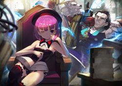 Rule 34 | 1girl, 2boys, armchair, bare arms, bare shoulders, beret, black dress, black hair, black hat, black thighhighs, blue eyes, blurry, blurry foreground, book, book stack, chair, clenched teeth, closed mouth, commentary request, day, depth of field, dress, electricity, fate/grand order, fate (series), hat, helena blavatsky (fate), in the face, indoors, lion, multiple boys, nikola tesla (fate), one eye closed, open book, punching, purple eyes, purple hair, purple vest, scottie (phantom2), sefirot, shirt, sitting, strapless, strapless dress, sunlight, teeth, thighhighs, thomas edison (fate), vest, white shirt, window