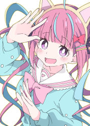 Rule 34 | 1girl, :d, animal ears, blue hair, blue shirt, blunt bangs, blush, bow, cat ears, fake animal ears, hair bow, hand up, hololive, ixy, long hair, long sleeves, looking at viewer, minato aqua, multicolored hair, open mouth, purple eyes, red bow, sailor collar, shirt, simple background, smile, solo, two-tone hair, virtual youtuber, white background, white sailor collar