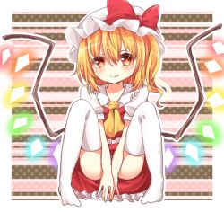 Rule 34 | 1girl, ascot, blonde hair, blush, covering privates, covering crotch, female focus, flandre scarlet, hat, hat ribbon, looking at viewer, mob cap, puffy sleeves, red eyes, ribbon, short hair, short sleeves, side ponytail, sitting, smile, solo, spread legs, thighhighs, touhou, upskirt, white thighhighs, wings, yuria (kittyluv), zettai ryouiki