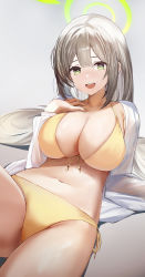 Rule 34 | 1girl, absurdres, bikini, blonde hair, blue archive, breasts, derby (dabidabi), front-tie top, green eyes, grey background, halo, halterneck, hand on own chest, highres, large breasts, light blush, long hair, long sleeves, looking at viewer, lying, navel, nonomi (blue archive), nonomi (swimsuit) (blue archive), on back, open mouth, see-through, see-through shirt, side-tie bikini bottom, simple background, smile, solo, swimsuit, teeth, thighs, upper teeth only, yellow bikini