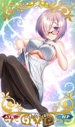 Rule 34 | 1girl, alternate costume, backless dress, backless outfit, black-framed eyewear, blush, breasts, card (medium), card parody, center opening, closed mouth, clothes lift, clothing cutout, costume combination, covered erect nipples, craft essence (fate), dress, fate/grand order, fate (series), feet, glasses, grey sweater, hair over one eye, halterneck, hanasaki mahiru, hand on own chest, knees together feet apart, large breasts, light purple hair, looking at viewer, mash kyrielight, meme attire, no shoes, open-chest sweater, pantyhose, purple eyes, purple hair, ribbed sweater, short hair, smile, solo, star (symbol), sweater, sweater dress, sweater lift, thighband pantyhose, thighs, turtleneck, turtleneck sweater, underboob, underboob cutout, virgin killer sweater