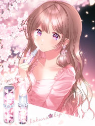 Rule 34 | 1girl, applying makeup, arm at side, arm up, blurry, blurry background, branch, brown hair, cherry blossoms, collarbone, commentary, cosmetics, earrings, expressionless, holding, holding lipstick tube, jewelry, kompeitou (lemon garden), light blush, lipstick tube, long hair, long sleeves, looking at viewer, night, original, outdoors, petals, pink shirt, purple eyes, raglan sleeves, romaji text, shirt, solo, symbol-only commentary, upper body, very long hair