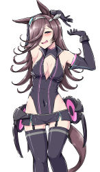 Rule 34 | 1girl, animal ears, arm behind head, armpits, arms up, black gloves, black hair, black skirt, black sleeves, black thighhighs, blush, breasts, cleavage, commentary request, commission, cosplay, covered navel, deno (denomina0), detached sleeves, ear ornament, garter straps, gloves, grey hairband, grey leotard, hair over one eye, hairband, half-closed eyes, head tilt, highleg, highleg leotard, highres, horse ears, horse girl, horse tail, horseshoe ornament, leotard, long bangs, looking at viewer, medium hair, microskirt, mihono bourbon (umamusume), mihono bourbon (umamusume) (cosplay), necktie, open mouth, partial commentary, pink necktie, purple eyes, rice shower (umamusume), rigging, simple background, single horizontal stripe, skeb commission, skirt, sleeveless, smile, solo, standing, tail, tail ornament, thighhighs, umamusume, white background