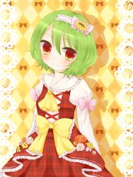 Rule 34 | 1girl, adapted costume, ascot, blush, border, bow, checkered background, daffodil, daisy, dress, ena (ena228), flower, green hair, hair bow, hair flower, hair ornament, hairband, highres, juliet sleeves, kazami yuuka, layered dress, lolita hairband, long sleeves, looking at viewer, plaid, plaid dress, puffy sleeves, red eyes, rose, short hair, smile, solo, sunflower, touhou, white flower, white rose