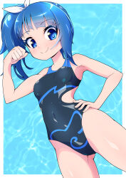 Rule 34 | 1girl, absurdres, ahoge, black one-piece swimsuit, blue eyes, blue hair, blunt bangs, breasts, clenched hand, competition swimsuit, covered navel, cowboy shot, flexing, highres, hirogaru sky! precure, medium hair, one-piece swimsuit, precure, ryuuta (cure ryuuta), side ponytail, single sidelock, small breasts, smile, solo, sora harewataru, swimsuit