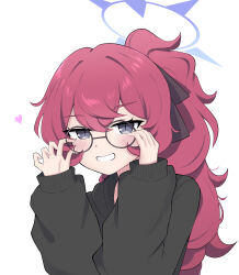 Rule 34 | 1girl, absurdres, alternate costume, alternate hairstyle, bespectacled, black sweater, blue archive, blue halo, blush, glasses, grey eyes, grin, hair between eyes, halo, heart, highres, iroha (blue archive), koucha (sr4ez), long hair, long sleeves, ponytail, red hair, round eyewear, simple background, smile, solo, sweater, upper body, white background