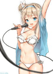 Rule 34 | 1girl, :d, arm up, bare shoulders, bikini, blue eyes, blue hairband, blue jacket, blurry, blurry foreground, blush, breasts, cleavage, collarbone, commentary, dduck kong, depth of field, girls&#039; frontline, hair between eyes, hair bun, hairband, highres, holding, holding microphone, jacket, light brown hair, medium breasts, microphone, official alternate costume, open clothes, open jacket, open mouth, outstretched arm, round teeth, sidelocks, single hair bun, smile, solo, suomi (girls&#039; frontline), suomi (midsummer pixie) (girls&#039; frontline), swimsuit, teeth, upper teeth only, white background, white bikini