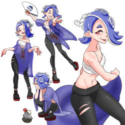 Rule 34 | 1girl, absurdres, blue hair, breasts, cephalopod eyes, chest sarashi, earrings, folding fan, hair over one eye, hand fan, highres, jewelry, mick19988, midriff, multiple earrings, navel, nintendo, octoling, open mouth, pants, pointy ears, red eyes, sarashi, see-through, shiver (splatoon), small breasts, smile, splatoon (series), splatoon 3, squatting, tentacle hair, tongue, tongue out, torn clothes, torn pants