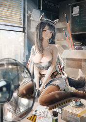 Rule 34 | 1girl, absurdres, animal ears, arknights, artist name, bare arms, bare shoulders, black hair, window blinds, box, breasts, brown eyes, brown legwear, camisole, cardboard box, chinese commentary, cleavage, commentary request, cup, dated, electric fan, exusiai (arknights), food, food in mouth, garter belt, halo, head tilt, highres, huge filesize, indoors, jacket, jacket on shoulders, kiasela, large breasts, light rays, long hair, looking at viewer, mouth hold, no shoes, pocky, saucer, shadow, short shorts, shorts, signature, sitting, solo, sword, tail, teacup, texas (arknights), thighs, wariza, weapon, white jacket, white shorts, window, wolf ears, wolf tail