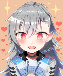 Rule 34 | 1girl, bad id, bad pixiv id, blush, closers, grey hair, heart, heart-shaped pupils, highres, long hair, money, open mouth, red eyes, saliva, smile, solo, sparkle, symbol-shaped pupils, tina (closers), topu, upper body, wavy mouth