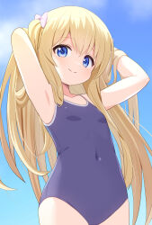 Rule 34 | 1girl, armpits, arms behind head, arms up, blonde hair, blue eyes, blue one-piece swimsuit, breasts, cloud, covered navel, hands in own hair, highres, long hair, mogura2009, one-piece swimsuit, original, outdoors, ribbon, school swimsuit, sky, small breasts, smile, solo, swimsuit