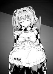 Rule 34 | 1girl, apron, bell, blush, closed eyes, facing viewer, greyscale, hair bell, hair ornament, head tilt, highres, itou yuuji, japanese clothes, jingle bell, kimono, monochrome, motoori kosuzu, on chair, parted lips, sitting, sleeping, solo, touhou, two side up