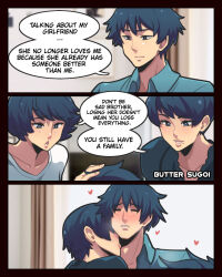 Rule 34 | 1boy, 2girls, 3koma, black eyes, black hair, blush, brother and sister, butter sugoi, comic, english text, engrish text, heart, heavy breathing, hetero, highres, incest, kiss, kissing neck, lips, mole, mole under mouth, mother and daughter, mother and son, multiple girls, original, oyakodon (sex), ranguage, short hair, siblings, smile