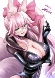 Rule 34 | 1girl, animal ears, arm under breasts, bodysuit, bow, breasts, cleavage, dated, fang, fate/grand order, fate (series), fox ears, fox tail, glasses, gu-rahamu omega x, hair between eyes, hair bow, highres, koyanskaya (assassin) (first ascension) (fate), koyanskaya (fate), large breasts, long hair, open mouth, pink bow, pink hair, ponytail, signature, simple background, smile, solo, tail, tamamo (fate), upper body, very long hair, white background, yellow eyes