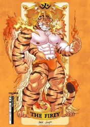 Rule 34 | 1boy, abs, animal ears, bara, beard, bulge, fiery clothing, fire, flame-tipped tail, full body, furry, furry male, highres, huge pectorals, ian yin0405, large hands, looking at viewer, male focus, mature male, muscular, muscular male, navel, nipples, original, pyrokinesis, short hair, solo, standing, stomach, sun symbol, tail, thick beard, thick eyebrows, thick thighs, thighs, tiger boy, tiger ears, tiger tail, topless male