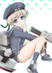 Rule 34 | 10s, 1girl, aitanikofu, bad id, bad pixiv id, beret, blue eyes, blush, body blush, clothes writing, dress, hat, kantai collection, looking at viewer, open mouth, personification, sailor dress, sailor hat, short hair, silver hair, solo, z1 leberecht maass (kancolle)