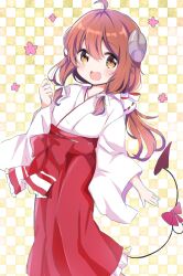 Rule 34 | 1girl, ahoge, alternate costume, alternate hairstyle, blush, bow, brown eyes, brown hair, commentary request, curled horns, demon girl, demon horns, demon tail, eyelashes, fang, feet out of frame, frilled skirt, frills, hair between eyes, hair ribbon, highres, horns, japanese clothes, kimono, long hair, long skirt, long sleeves, looking at viewer, low ponytail, machikado mazoku, miko, nanami ayane (kusunoki5050), open mouth, red bow, red skirt, ribbon, sidelocks, simple background, skin fang, skirt, smile, solo, standing, tail, tail bow, tail ornament, tareme, grid background, white kimono, white ribbon, wide sleeves, yellow background, yoshida yuuko (machikado mazoku)