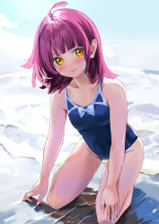 Rule 34 | ahoge, beach, blue one-piece swimsuit, blue sky, blush, bow, bow swimsuit, breasts, closed mouth, cloud, day, expressionless, hand on floor, hand on own thigh, highleg, highleg swimsuit, highres, hinami riku, kneeling, legs, looking at viewer, love live!, love live! nijigasaki high school idol club, ocean, one-piece swimsuit, pink hair, short hair, sidelocks, sky, small breasts, solo, swimsuit, tennoji rina, thigh gap, thighs, wet, white bow, yellow eyes