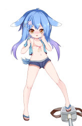 Rule 34 | 1girl, :p, animal ears, azur lane, bikini, bikini top only, blue hair, blue shirt, blue shorts, blush, breasts, brown eyes, rabbit ears, crop top, covered erect nipples, full body, hair ornament, hairclip, highres, legs, legs apart, long hair, minazuki (azur lane), navel, open clothes, open shirt, pink bikini, sandals, shirt, short shorts, short sleeves, shorts, simple background, small breasts, smile, solo, swimsuit, tail, the hermit, toes, tongue, tongue out, white background