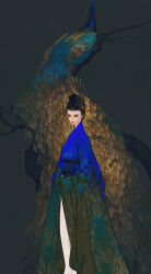 Rule 34 | 1girl, bird, black background, black eyes, blue eyeshadow, blue robe, blue sleeves, brown hair, chinese clothes, closed mouth, dress, expressionless, eyeshadow, feet out of frame, gradient robe, gradient sleeves, green eyes, green robe, hair bun, hairpin, hanfu, highres, ibuki satsuki, lipstick, long dress, long sleeves, looking at viewer, makeup, multiple hairpins, original, own hands together, peacock, red lips, robe, short hair, simple background, single hair bun, sleeves past fingers, sleeves past wrists, solo, white dress, wide sleeves