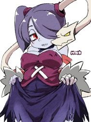 Rule 34 | 1girl, blue skin, blush, clothes lift, colored skin, covered erect nipples, dress, dress lift, hair over one eye, highres, leviathan (skullgirls), mtk hoshi, purple hair, red eyes, side ponytail, skeletal arm, skullgirls, smile, solo, squigly (skullgirls), stitched mouth, stitches, striped sleeves, white background