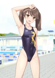 Rule 34 | 1girl, absurdres, armpits, black one-piece swimsuit, blue sky, brown eyes, brown hair, clothes writing, commentary request, competition swimsuit, covered navel, cowboy shot, day, dragon print, hand on own head, highleg, highleg one-piece swimsuit, highres, kantai collection, lane line, long hair, multicolored clothes, multicolored swimsuit, one-piece swimsuit, outdoors, pool, poolside, presenting armpit, ryuujou (kancolle), sky, solo, swimsuit, takafumi, variant set