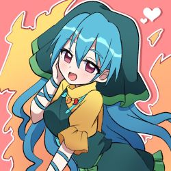 Rule 34 | 1girl, :d, apron, bad id, bad twitter id, blue hair, breasts, dress, green headwear, hair between eyes, hand on own cheek, hand on own face, hand up, haniyasushin keiki, head scarf, heart, highres, jewelry, long hair, looking at viewer, magatama, magatama necklace, medium breasts, necklace, open mouth, pink background, red eyes, short sleeves, smile, solo, touhou, upper body, yellow dress, yoriteruru