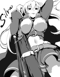 Rule 34 | 10s, 1girl, ahoge, belt, between breasts, breasts, character name, cropped jacket, from below, granblue fantasy, greyscale, gun, large breasts, long hair, long sleeves, miniskirt, mochi (bokkuri), monochrome, navel, open mouth, panties, pantyshot, silva (granblue fantasy), simple background, skirt, solo, strap, strap between breasts, underwear, weapon, white background