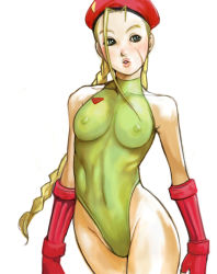 Rule 34 | 1girl, beret, blonde hair, braid, breasts, cammy white, capcom, elbow gloves, gloves, hat, kazaana, leotard, nipples, pout, scar, solo, street fighter, twin braids, twintails