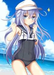 Rule 34 | 1girl, alternate costume, aruka (alka p1), cosplay, crop top, hat, hibiki (kancolle), kantai collection, long hair, ro-500 (kancolle), ro-500 (kancolle) (cosplay), school swimsuit, silver hair, solo, swimsuit, swimsuit under clothes, verniy (kancolle)