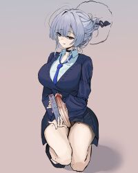 Rule 34 | 1futa, absurdres, black choker, black skirt, blue cardigan, blue necktie, breasts, cardigan, choker, collared shirt, erection, full body, futanari, grey eyes, grey hair, grey halo, hair bun, hair ornament, hair stick, halo, highres, holding ruler, itokonoue kaoru, large breasts, large penis, long sleeves, looking at viewer, measuring, necktie, penis, penis measuring, project kv, shirt, single hair bun, skirt, smile, solo, testicles, uncensored, veins, veiny penis, white shirt, yaegum2001