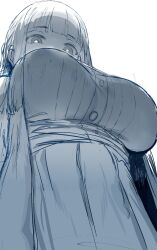 Rule 34 | 1girl, blunt bangs, breasts, coat, dress, fern (sousou no frieren), hews, highres, large breasts, long hair, long sleeves, looking at viewer, monochrome, open clothes, open coat, sidelocks, sketch, solo, sousou no frieren