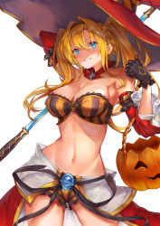 Rule 34 | 1girl, absurdres, black gloves, blonde hair, blue eyes, blush, breasts, cleavage, gloves, granblue fantasy, grin, halloween, halloween bucket, halloween costume, hat, highres, jack-o&#039;-lantern, ko-ma, large breasts, long hair, looking at viewer, midriff, navel, pumpkin, smile, solo, standing, twintails, wavy hair, witch, witch hat, zeta (granblue fantasy), zeta (halloween) (granblue fantasy)